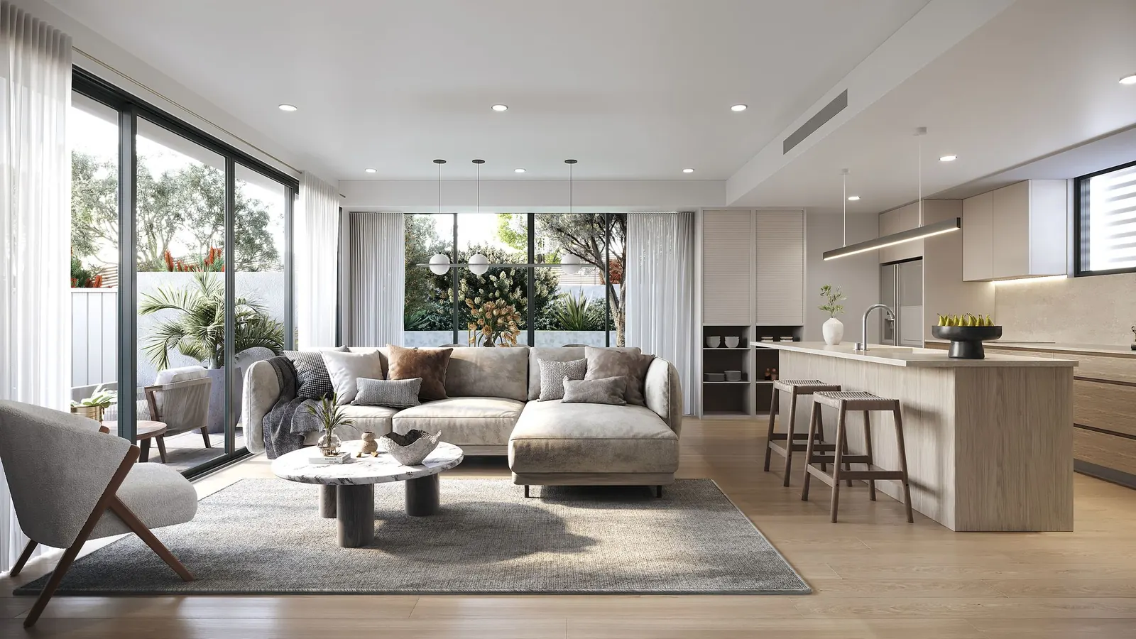 Open plan living and dining opening to a private terrace at Allura Hills